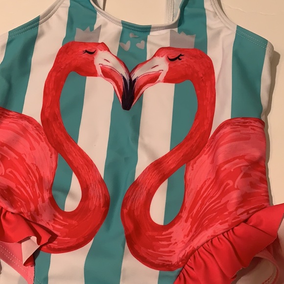 Girls Flamingo One Piece Swimsuit & Headband • NEW - Picture 3 of 7